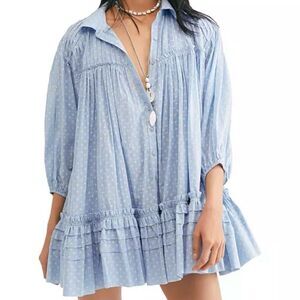 Free People Full Swing Mini Dress XS Powder Blue Pintuck Ruffle Trim Extra Small